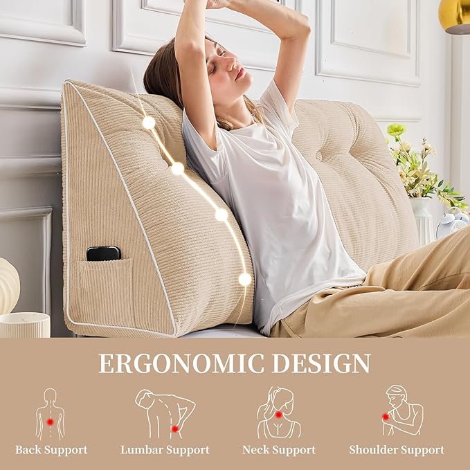 Sasttie Headboard Pillow King, Wedge Pillow Headboard for Sitting Up in Bed, Back-Rest Support Triangular Cushion for Reading - Features Removable Washable Cover, Beige