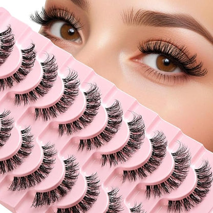 Lashes False Wispy Eyelashes Natural Cat Eye Lash Strips 10 Pairs Fake Mink Eyelash Pack 8-15mm Natural Look Fluffy Strip Lashes Clear Band Easy Eyelashes for Beginners with Cluster Looking