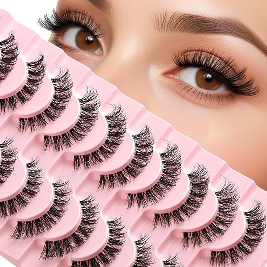 Lashes False Wispy Eyelashes Natural Cat Eye Lash Strips 10 Pairs Fake Mink Eyelash Pack 8-15mm Natural Look Fluffy Strip Lashes Clear Band Easy Eyelashes for Beginners with Cluster Looking
