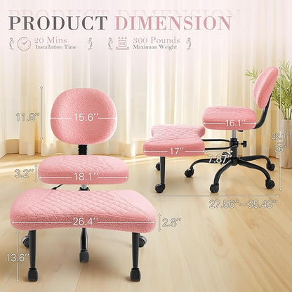 Furmax Ergonomic Criss Cross Legged Office Chair with Wheels, 360°Swivel Adjustable Height Kneeling Desk Chair with Footrest for ADHD, Yoga, Meditation, Home Office (Teddy Fabric, Pink)