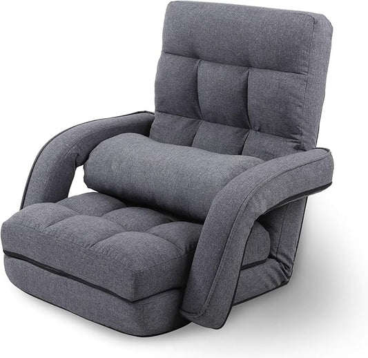 Adjustable Floor Chair for Adults with Back Suppor,5-Position Folding Lazy Sofa with Pillow, Gaming & Meditation Chair with Breathable Fabric - for Living Room, Bedroom, Office,Balcony (Grey)