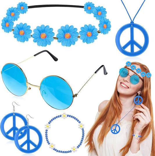 Batiyeer 6 Pcs Hippie Costume Accessories Set, Boho Peace Sign Daisy Flower 60s 70s Party Favors Decor for Groovy Party Women