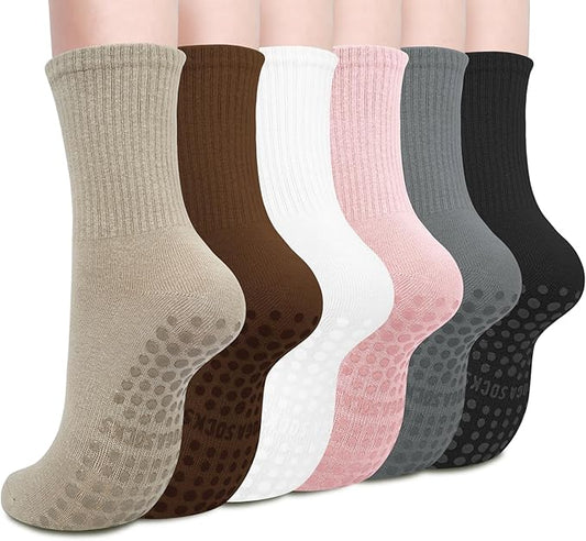 Justay 6 Pairs Pilates Socks with Grips for Women Soft Non Slip Crew Cotton Athletic Workout Barre Hospital Yoga Socks