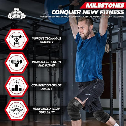 Bear Grips Knee Wraps - Heavy Duty Knee Brace Pair Compression and Elastic Support for Squats, Weightlifting, Powerlifting - Home Gym Workout Equipment Knee Support for Men and Women (Black and Gray)