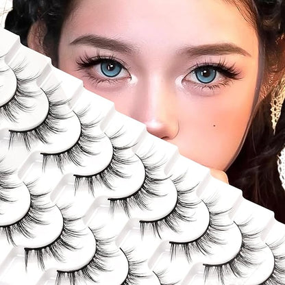 Losha Manga Lashes Fluffy Faux Mink Lashes Natural Look 10 Pairs Asian False Eyelashes Pack Look Like Individual Clusters (6D75)