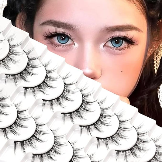 Losha Manga Lashes Fluffy Faux Mink Lashes Natural Look 10 Pairs Asian False Eyelashes Pack Look Like Individual Clusters (6D75)