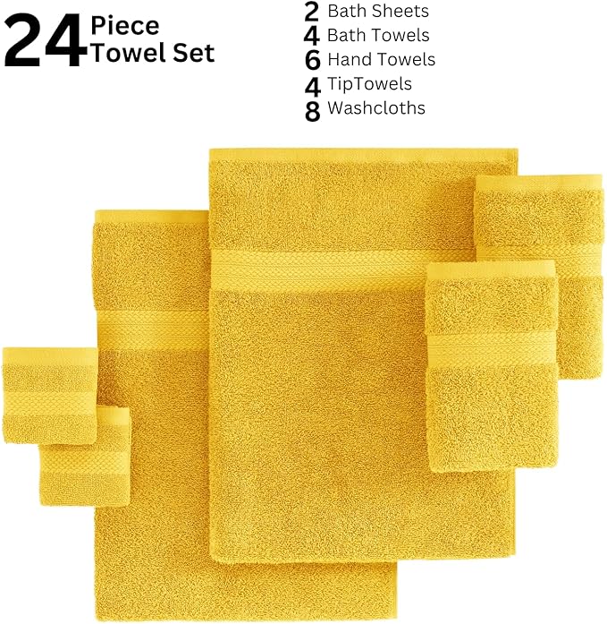 LANE LINEN 100% Cotton Bathroom Towel Set - 24 Pc - Ringspun, Quick Dry, Soft & Highly Absorbent - 2 Bath Sheet, 4 Bath, 6 Hand Towel, 8 Washcloth, 4 Fingertip - Remains Fluffy After Washing - Mimosa
