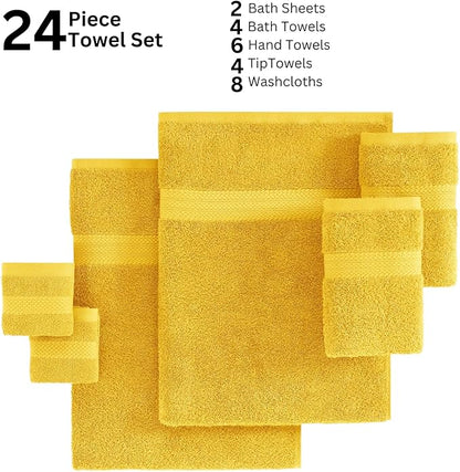 LANE LINEN 100% Cotton Bathroom Towel Set - 24 Pc - Ringspun, Quick Dry, Soft & Highly Absorbent - 2 Bath Sheet, 4 Bath, 6 Hand Towel, 8 Washcloth, 4 Fingertip - Remains Fluffy After Washing - Mimosa