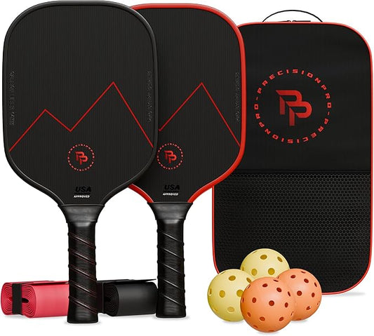 Precision Pro Premium Carbon Fiber Pickleball Paddle- 14mm Pickleball Paddles Set of 2 w/Unique Design Handles & Indoor Outdoor Pickleball Balls - Comfortable Pickleball Paddle Grip, USA Approved