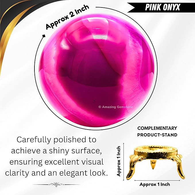 Amazing Gemstone Pink Onyx Crystal Ball with Stand - 2 Inches Crystal Sphere Meditation Balls for Witchcraft and Decorative Balls
