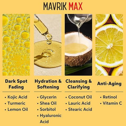 Mavrik Max Beauty Turmeric & Kojic Acid Dark Spots Fading Bar, Extra Strength Formula with Retinol, Vitamin C, Shea Oil, USA Made