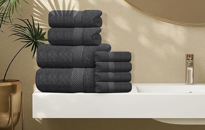 Oakias Premium Towel Set 600 GSM 8 Piece 100% Ring Spun Cotton Highly Absorbent Bath Towels Set - Super Soft Bathroom Towel Set - Hotel Quality Double Stitched Hem - Ideal for Hotels, Spa, Dark Grey