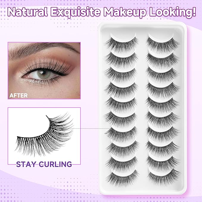 Eyelashes Natural Cat Eye Lashes 15mm Wispy Eyelashes Thin Band False Eyelash 3D Volume False Lashes Soft Lash Strips C Curl Natural Fake Lash 10 Pair EVENTILL