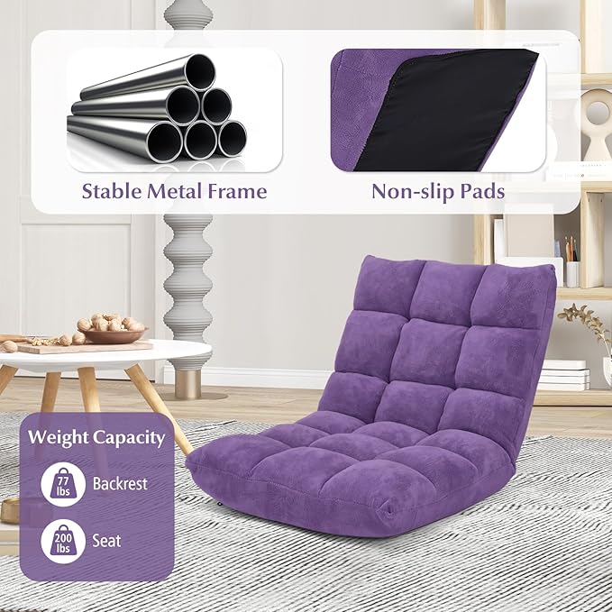 RELAX4LIFE Floor Chair with Back Support - 14-Position Adjustable Lazy Sofa Chair, Padded Sleeper Bed & Couch Recliner for Reading Meditation, Folding Floor Gaming Chair for Adults (Purple)