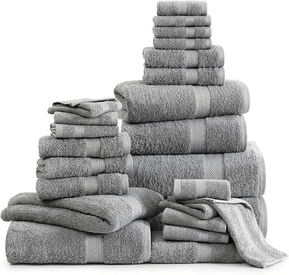 LANE LINEN Cotton Bath Towel Set - 24 Pcs - Highly Absorbent, Quick Dry & Ultra Soft - 2 Bath Sheets, 4 Bath, 6 Hand Towels, 8 Washcloths, 4 Fingertip - Oeko Tex Certified - Space Grey