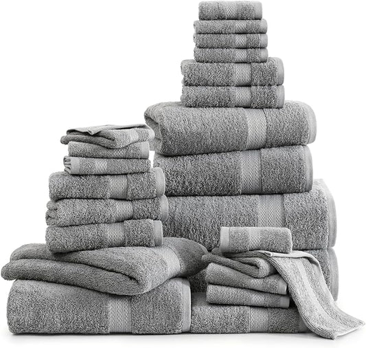LANE LINEN Cotton Bath Towel Set - 24 Pcs - Highly Absorbent, Quick Dry & Ultra Soft - 2 Bath Sheets, 4 Bath, 6 Hand Towels, 8 Washcloths, 4 Fingertip - Oeko Tex Certified - Space Grey