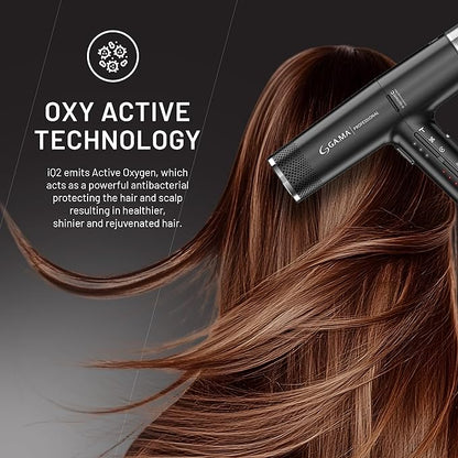 GA.MA iQ2 Perfetto Hair Dryer with 120,000 RPM Intelligent Turbo Motor, Auto-Standby, Oxy Active Technology, Includes 10 Filters, Black