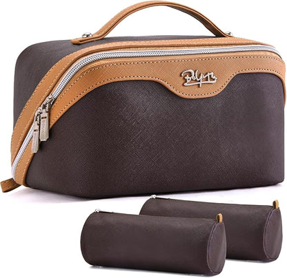 BOYATU Travel Makeup Bag Organizer Cosmetic Bag: 3 Pcs Set Make up Bags for Women with Handle - Waterproof Vegan Leather Toiletry Bags Travel Essentials Pouch with Compartments (G-01-Brown)