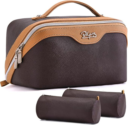 BOYATU Travel Makeup Bag Organizer Cosmetic Bag: 3 Pcs Set Make up Bags for Women with Handle - Waterproof Vegan Leather Toiletry Bags Travel Essentials Pouch with Compartments (G-01-Brown)