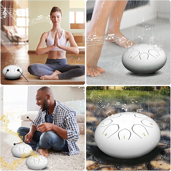 Rain Drum for Outside Garden, 6 Inches 8 Notes Steel Tongue Drums, Waterproof Meditation Echo Rain Chime, Musical Instruments for Adult Gift with Bag, Music Book, Mallets (White)