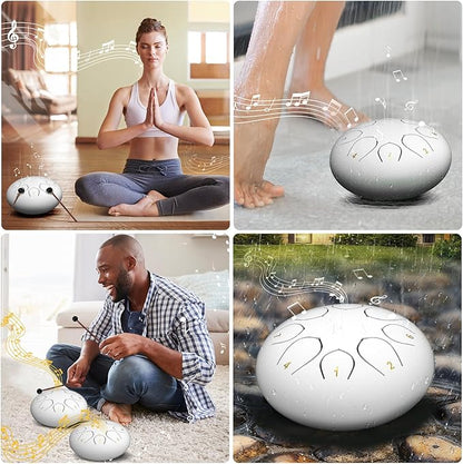 Rain Drum for Outside Garden, 6 Inches 8 Notes Steel Tongue Drums, Waterproof Meditation Echo Rain Chime, Musical Instruments for Adult Gift with Bag, Music Book, Mallets (White)