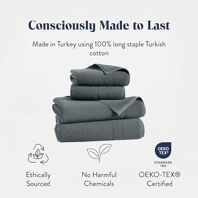 Brooklinen Super-Plush Turkish Cotton Bath Towel Set - 2 Bath Towels + 2 Hand Towels Cotton, 820 GSM, Highly Absorbent, Machine Washable, Perfect for Home & Bathroom (Slate Grey)