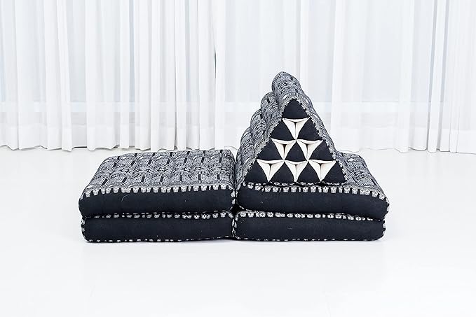 Leewadee Comfortable Japanese Floor Mattress - Thai Floor Bed with Triangle Cushion - Futon Mattress - XL Extra Long Thai Massage Mat, 89 x 20 inches, Black, Kapok Filling