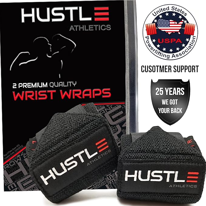 Hustle Athletics Wrist Wraps for Weightlifting – Max Wrist Support for Safe & Heavy Lifts, USPA Approved 18" & 12" Lengths, Thumb Loop Gym Straps for Powerlifting & Weight Lifting for Men and Women