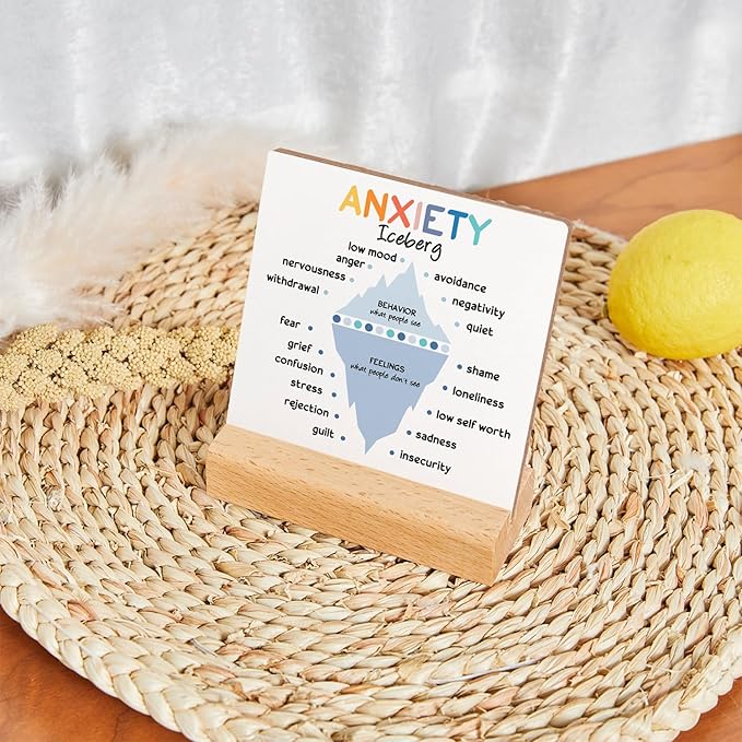 Mental Health Awareness Gift, Anxiety Therapy Wooden Sign With Wooden Stand, Counseling Office Must Haves, Mental Health Gift for Psychologist School Counselor Student Boys Girls Best Friends
