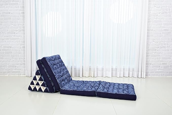 Leewadee Comfortable Japanese Floor Mattress - Thai Floor Bed with Triangle Cushion - Futon Mattress - XL Extra Long Thai Massage Mat, 89 x 20 inches, Blue White, Kapok Filling