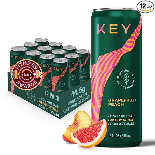 KEY Ketone Energy Drink - Sugar Free, 80mg Low Caffeine, All Natural, 11.5g Ketones, Long Lasting Energy, Green Tea & L-Theanine for Mental Focus, Grapefruit Peach (Pack of 12)