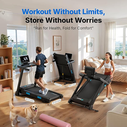 MERACH Treadmills for Home with Incline 6%-15%, 300 LBS Capacity Double Deck Foldable Treadmill with Incline, 0.5-7.5MPH Quiet 2.5HP Brushless Incline Treadmill LED Display with Smart APP