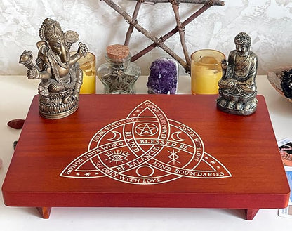 Altar Table, Meditation Table, Small Altar Table, Wooden Witch Altar, Wiccan Alter Table, Buddhist Shrine, Engraved Triquetra （The Celtic Trinity Knot） on Table Top, 12 × 8 inches