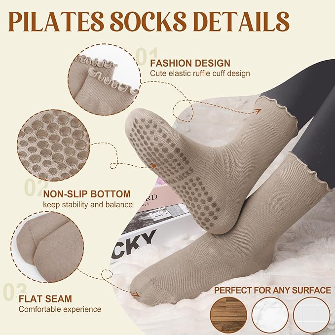 4 Pairs Pilates Socks with Grips for Women Yoga Ruffle Cute Grip Socks Pilates Non Slip Crew Ballet Hospital Workout