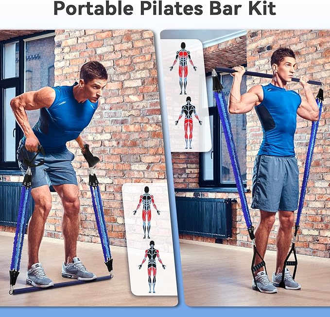 Hommie Portable Pilates Bar Kit with Resistance Bands for Men and Women，Upgraded 3 Section Pilates Bar with Resistance Bands (20-60lb) for Home Gym Equipment Supports Full-Body