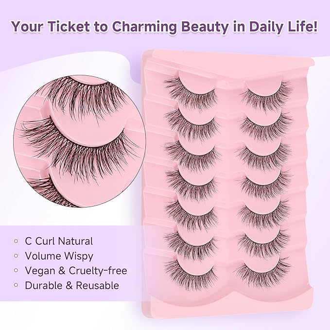 Natural Lashes False Eyelashes 15mm Wispy Eyelashes with Thin Band 3D Volume False Lashes Soft Strip Lashes Pack C Curl Natural Eyelashes Fake Lashes 7 Pair EVENTILL