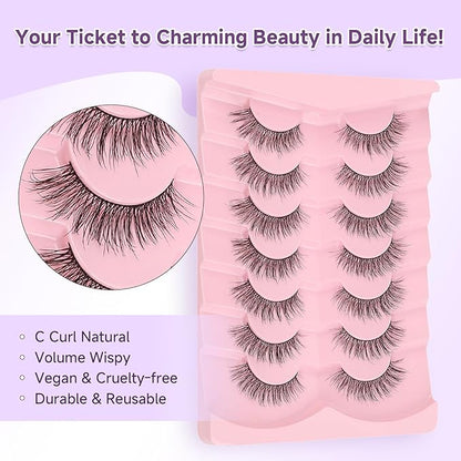 Natural Lashes False Eyelashes 15mm Wispy Eyelashes with Thin Band 3D Volume False Lashes Soft Strip Lashes Pack C Curl Natural Eyelashes Fake Lashes 7 Pair EVENTILL
