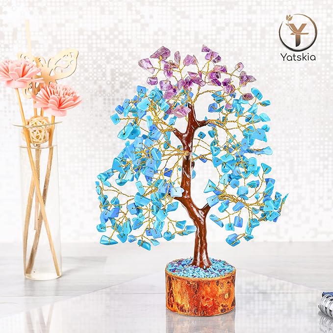 YATSKIA Amethyst and Turquoise Crystal Tree, Gemstone Tree Home and Office Decor, Good Luck Gifts, Crystals Decor, Housewarming Gifts