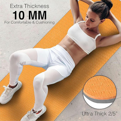 Extra Thick Exercise Yoga Mat with Strap - 2/5 Inch (10MM), Non-Slip Workout Mat for Yoga, Pilates, and Floor Exercises