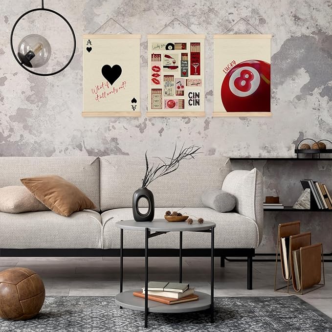 FITIE Trendy Retro Y2K Lucky 8 Ball Ace of Hearts Wall Art Set of 3, Y2K Room Decor, Funky Wall Art Decor, Funky Red Aesthetic Canvas Wall Art Poster Hanger Frame, 12x16 Inches