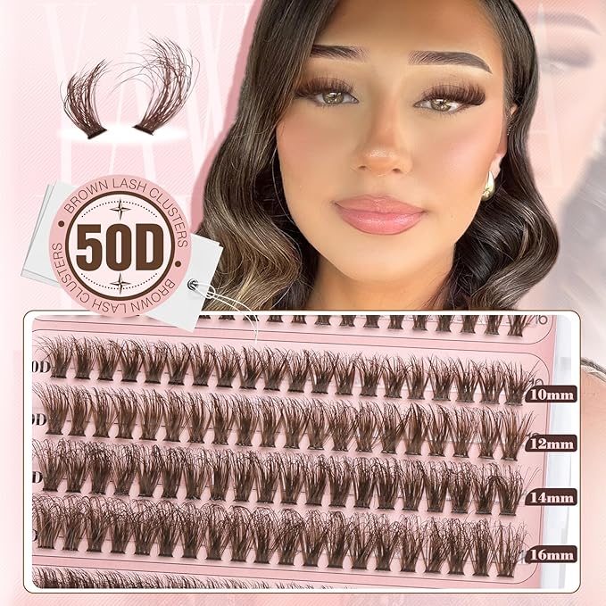 Yawamica Brown Lash Clusters Kit Fluffy Eyelash Extension Kit 40D 50D 70D Volume Eyelash Clusters 10-16mm Individual Lashes D Curly Cluster Lashes DIY Lash Extension Kit with Bond and Seal Tweezers