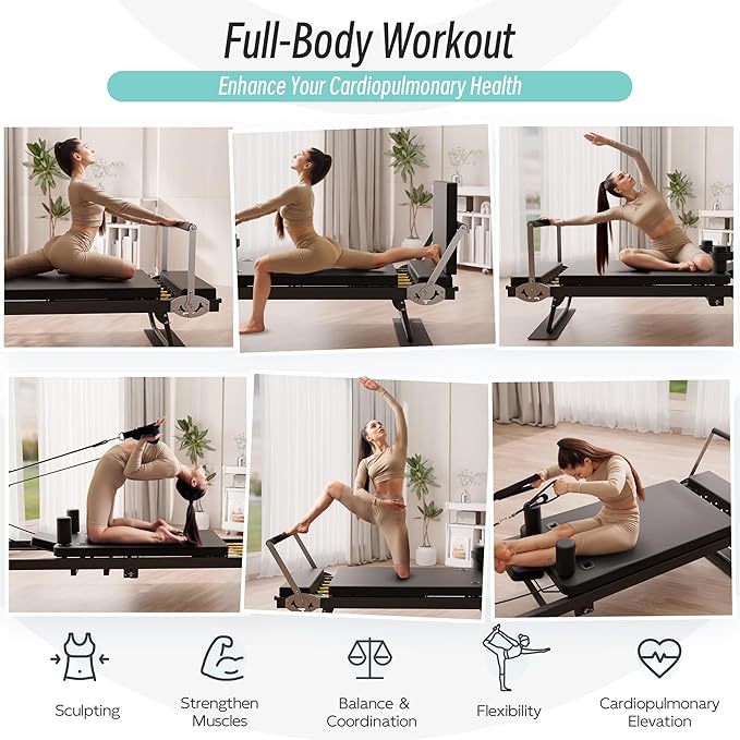 MU 91.5" Foldable Pilates Reformer Machine with Jump Board & Dual Resistance – Adjustable Reformer Pilates Machine for Full-Body Home Workout, 500 lbs Capacity, Up to 6'9" Height Friendly. Black