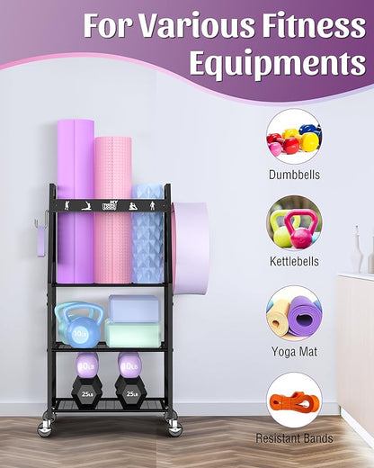 Mythinglogic Dumbbell Rack for Home Gym, Weight Rack for Dumbbells, Multifunctional Yoga Mat Holder for Barbell plates and Kettlebells, Home Gym Storage Rack with Casters