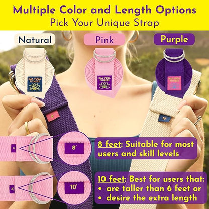 Adaptive Yoga Strap, Stretching Strap, 2 Inches Wide, 100% Naturally Soft Cotton, Steel D-Rings, Includes Natural Cotton Drawstring Storage Pouch and Instructional E-Book