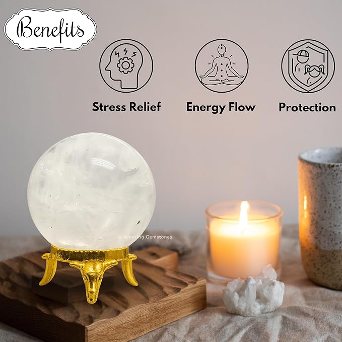 Amazing Gemstone Clear Quartz Crystal Ball with Stand - 2 Inches Crystal Sphere Meditation Balls for Witchcraft and Decorative Balls