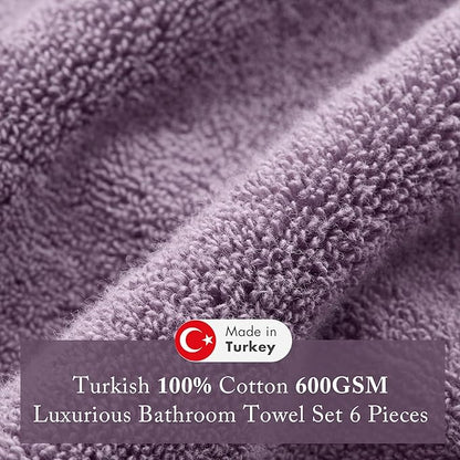 Madison Park Turkish 100% Cotton Towel Set, 600Gsm Luxury Premium Weight, Soft Absorbent Hotel Bathroom Shower Hand Face Washcloths, Assorted Sizes Purple 6 Piece