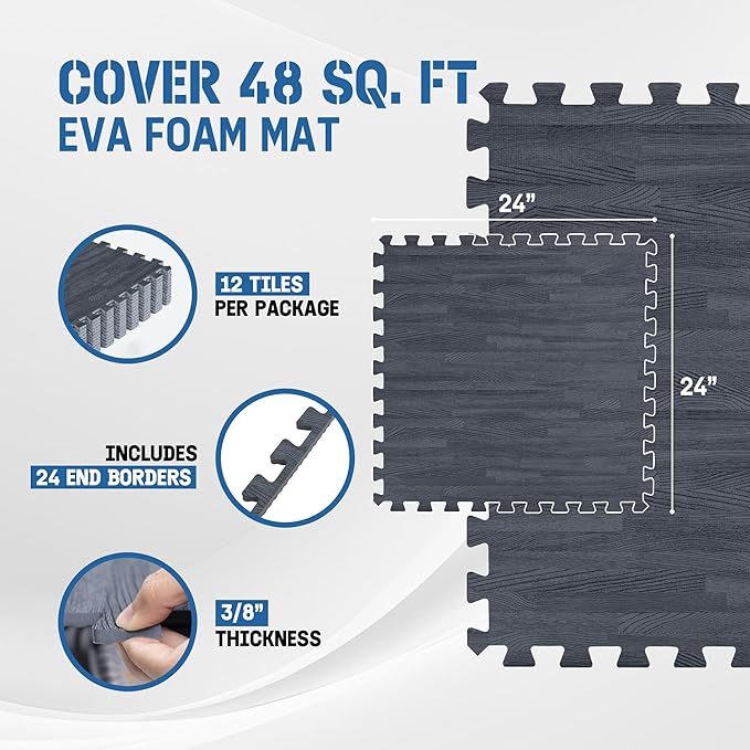 Yes4All 48SQ.FT Wood Grain Puzzle Exercise Mat Protective Flooring, EVA Interlocking Foam Floor Tiles with Border for Home