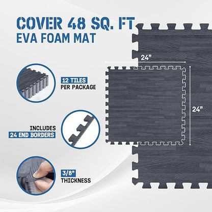 Yes4All 48SQ.FT Wood Grain Puzzle Exercise Mat Protective Flooring, EVA Interlocking Foam Floor Tiles with Border for Home