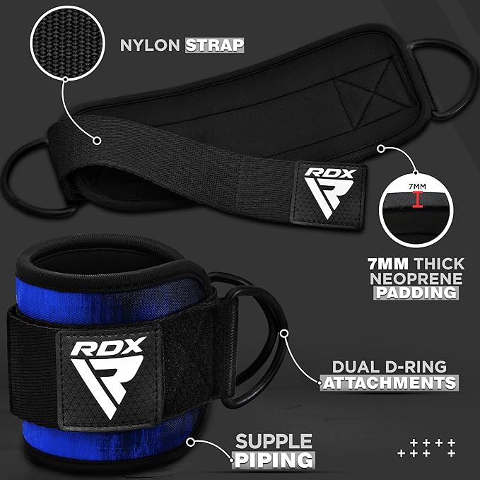 RDX Ankle Straps for Cable Machines – 7MM Neoprene Padded 10"x4" Adjustable Gym Cuffs with Dual D-Rings – Weight Attachments for Wrist Glutes Leg Kickbacks Hip Abduction Strength Workouts – Men Women