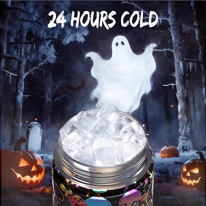 Halloween Insulated Water Bottle with Straw, Stainless Steel Water Bottle, Leak Proof BPA-Free, Keeps Cold for 24 Hours for Sports, Skull Spooky Holiday Gifts (26 oz, Trippy Skulls)